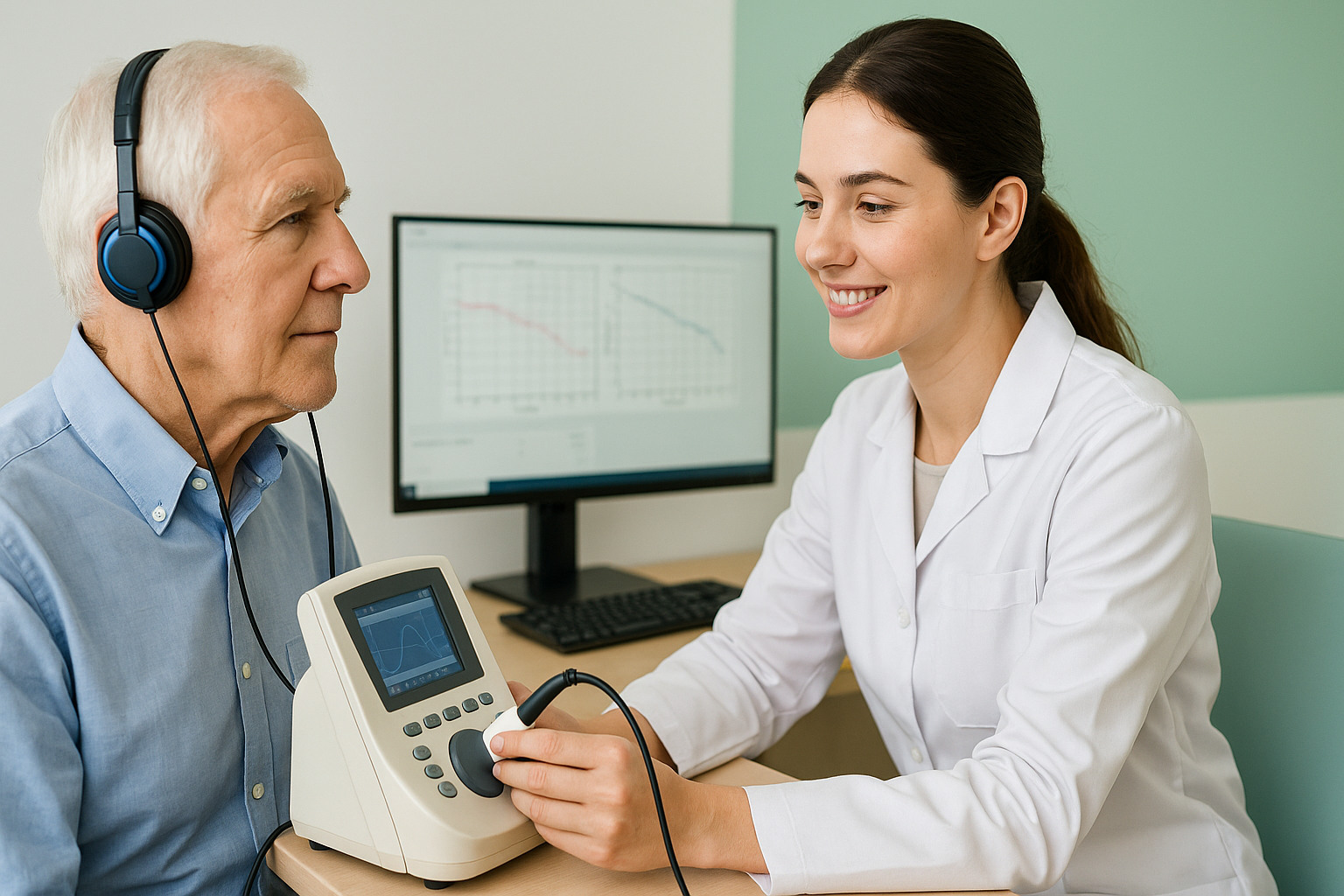 Profissional realizando exame audiométrico em paciente com equipamentos modernos